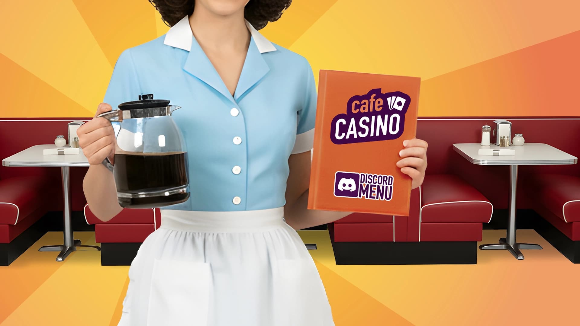 A diner is pictured against a golden background, with a classic diner waitress in a blue uniform and white apron holding a pot of hot coffee. She holds an orange menu that says, “Cafe Casino Discord Menu.”