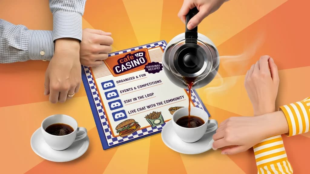 The Cafe Casino Discord menu shows the available channels. Two patrons sit around it with mugs of hot coffee, and someone refills one of the cups. 