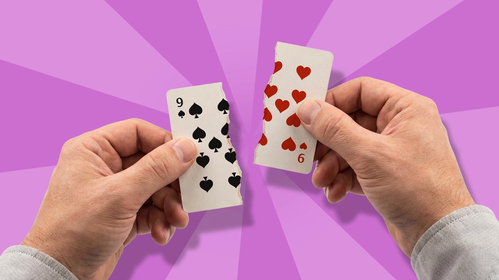 Two hands hold two halves of a red and black 9 playing card, displayed on a light purple background