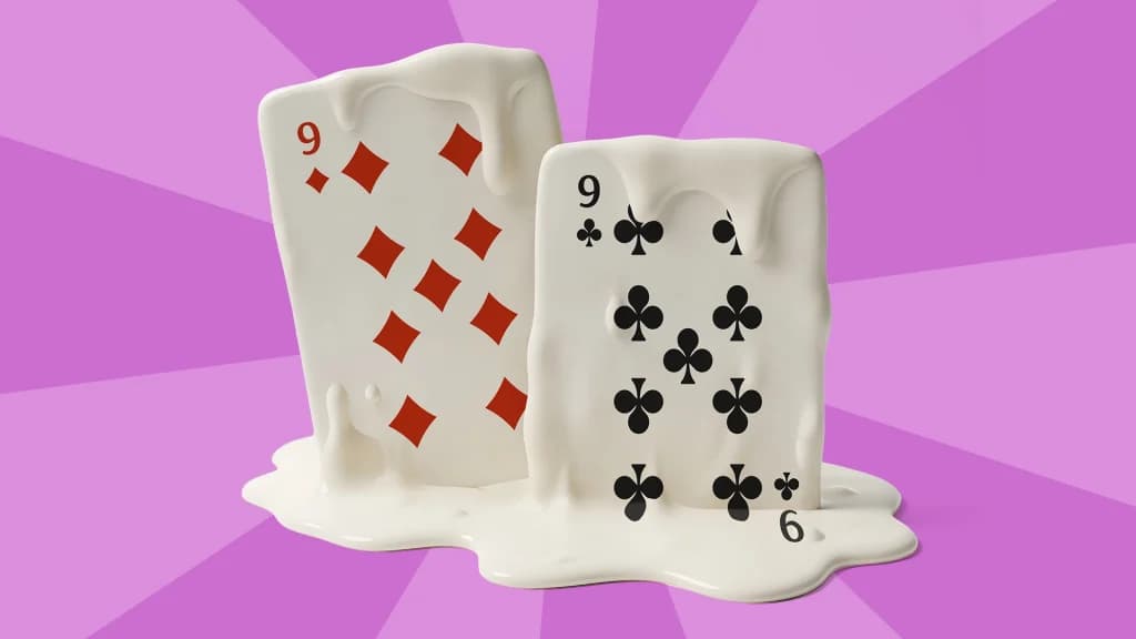 A red and black 9 playing card melts like ice cream in a light purple image.