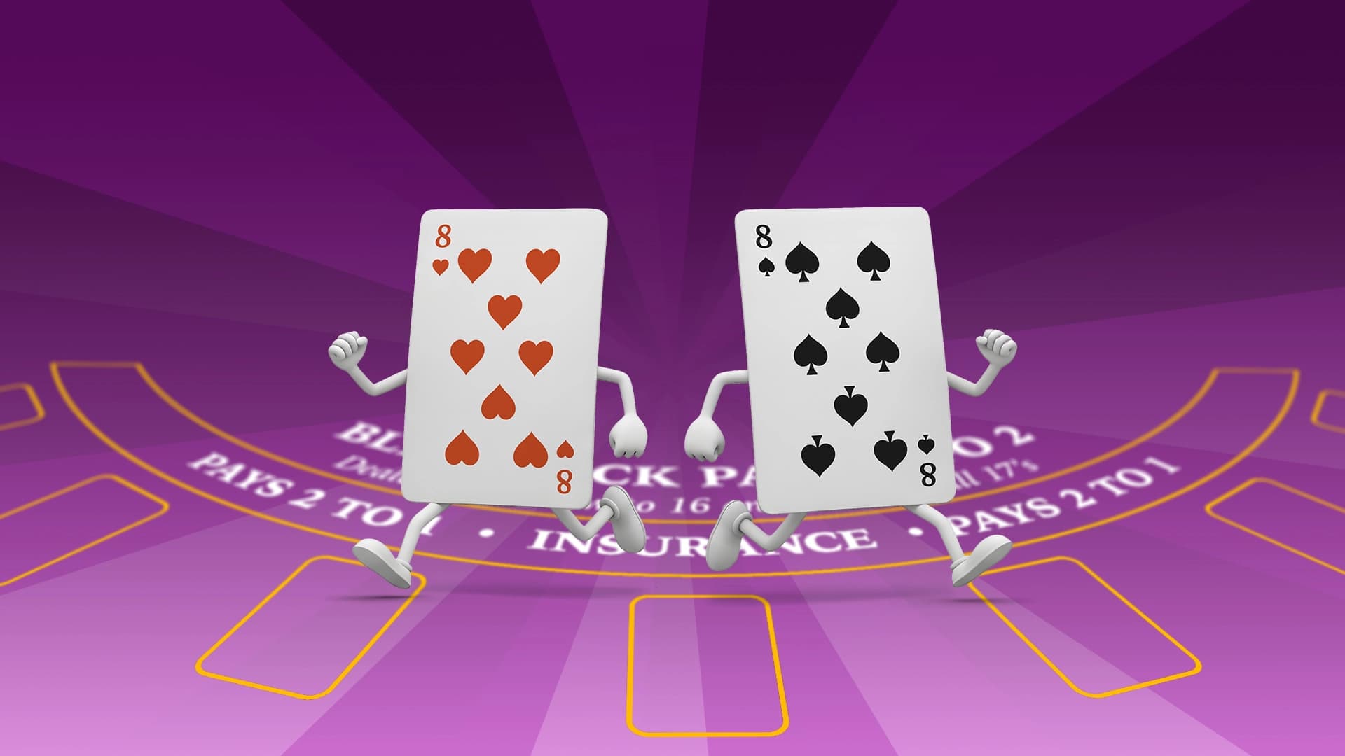 On a faded purple background, two 8 playing cards run in opposite directions on a blackjack table.