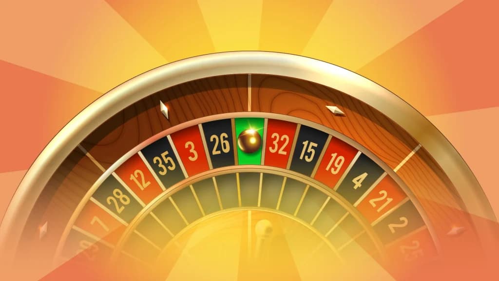 A roulette wheel spins over a yellow and orange background, with the ball landing in the green pocket. 