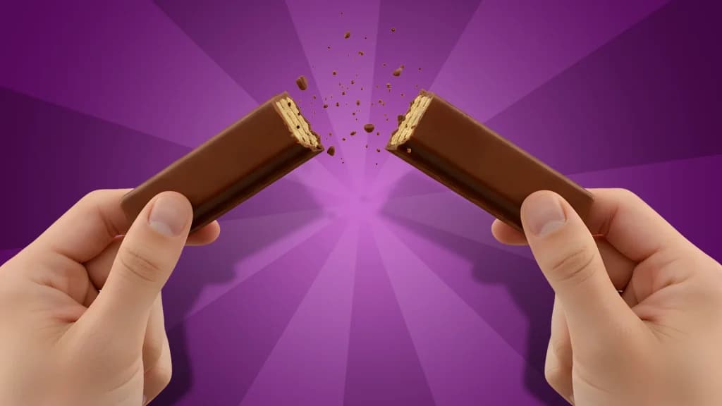 Two hands break apart a KitKat bar on a faded purple background. 