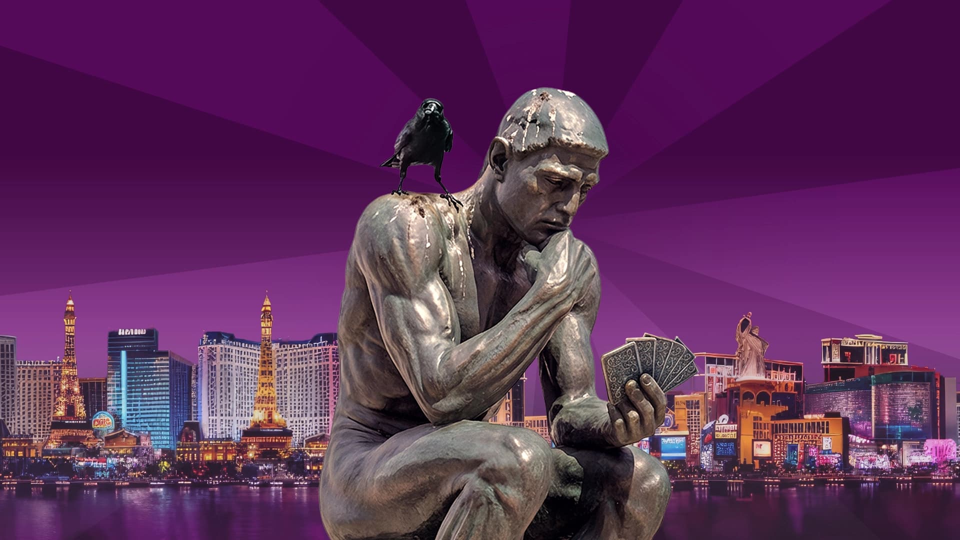 A statue of “The Thinker” is shown on a purple background with the skyline of a city. The statue is holding six playing cards.