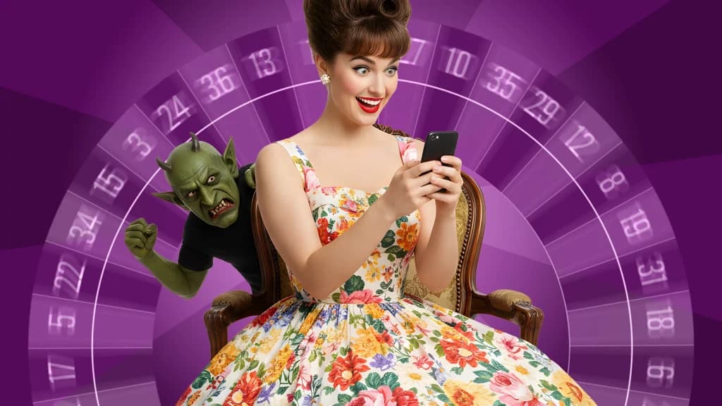 With roulette numbers spinning in the background, a lady in a ‘50s style floral dress stares excitedly at a smartphone, while a green gremlin appears angry behind her, shaking his fist.  