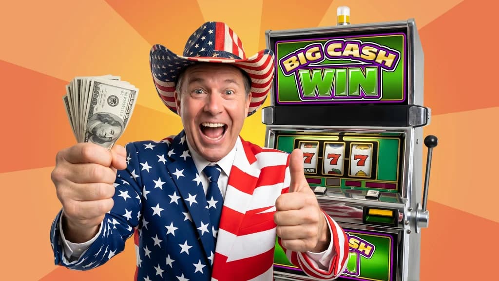 On a peach background, a jovial man in an American flag jacket and cowboy hat grips a bundle of hundreds in his right hand, flashing a thumbs up with the other. Behind him is his jackpot slot, Big Cash Win. 