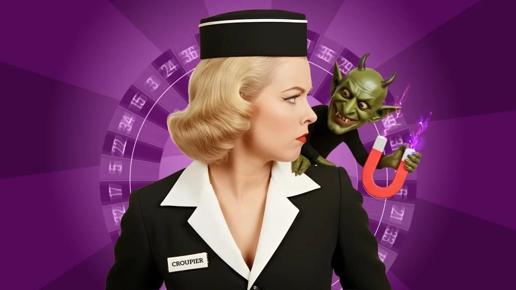 A lady croupier from the 1950s looks menacingly at a green gremlin holding a red magnet on a purple background, with the numbers of a roulette wheel visible. 