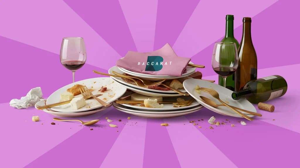We see a stack of dirty plates, with wine bottles and partially drunk wine on a purple background.