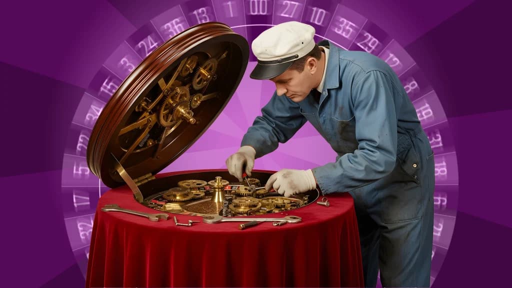 The inside of a roulette wheel is exposed, showing its gears. A male technician tweaks them with tools, while we see roulette numbers spinning just behind him. 