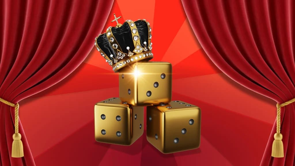 On a red background, a shiny black crown sits atop three golden dice, with red curtains parted on either side.
