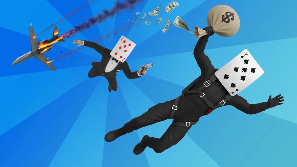 Men with 7s cards for faces jumping out of a plane on fire.