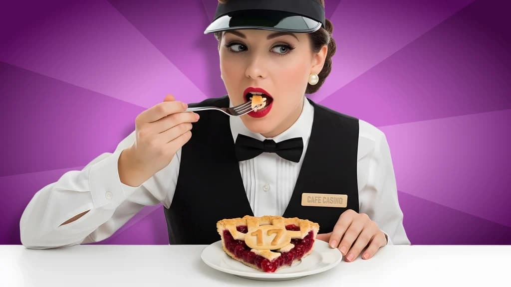 Against a purple background, a woman with bright red lipstick and a black vest takes a bite of a freshly baked pie with ‘17’ on top. 