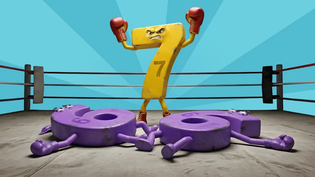Two purple sixes lie flat on a boxing ring floor, with a big yellow seven standing triumphant over them. 