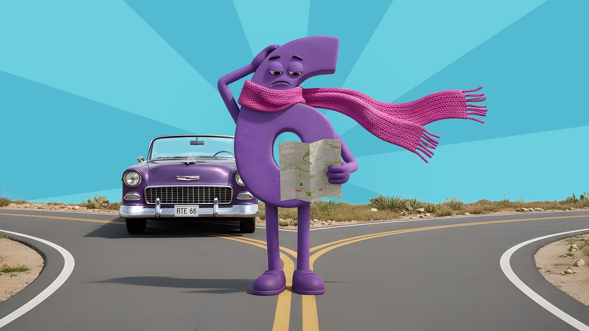 At the crossroads, a purple six in a pink scarf looks at a map, with its purple convertible idling behind.