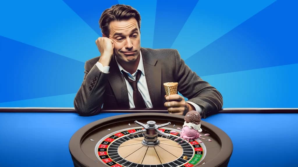 Three ice cream scoops melt on a roulette wheel, while a man in a suit holds an empty cone and holds his head up with a resigned look on his face. 