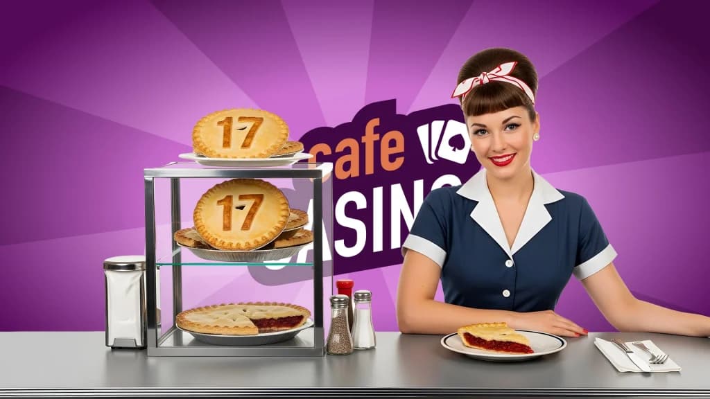 On a purple background, the ‘Cafe Casino’ logo is displayed behind a retro-style woman at a countertop. In front of her is a slice of pie ready to eat, and to her right is a rack of three freshly baked pies.
