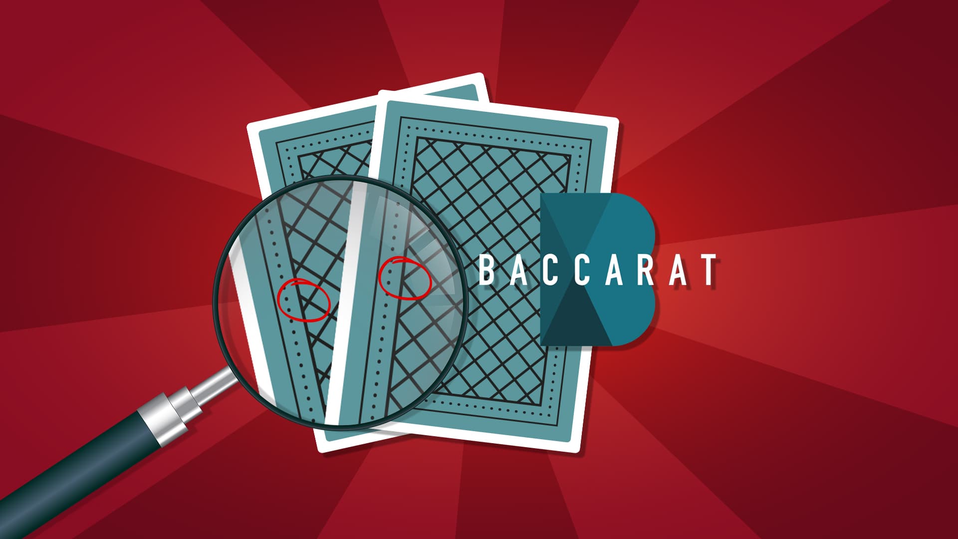 On a red background, two baccarat playing cards are shown with their backs facing, and a magnifying glass is inspecting them.