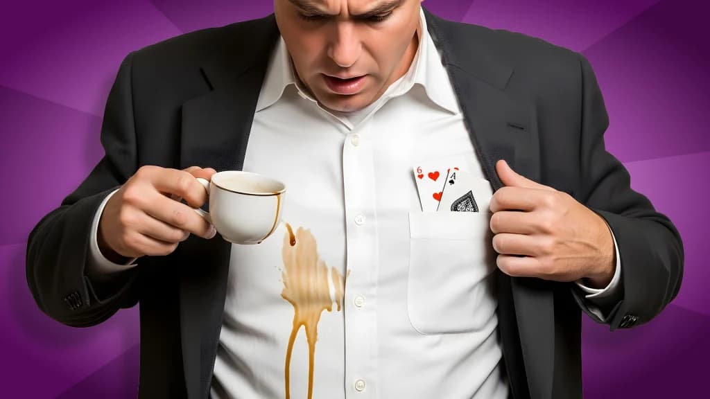 A gentleman spills coffee on his white shirt. In this breast pocket are an Ace and 6 playing cards. 