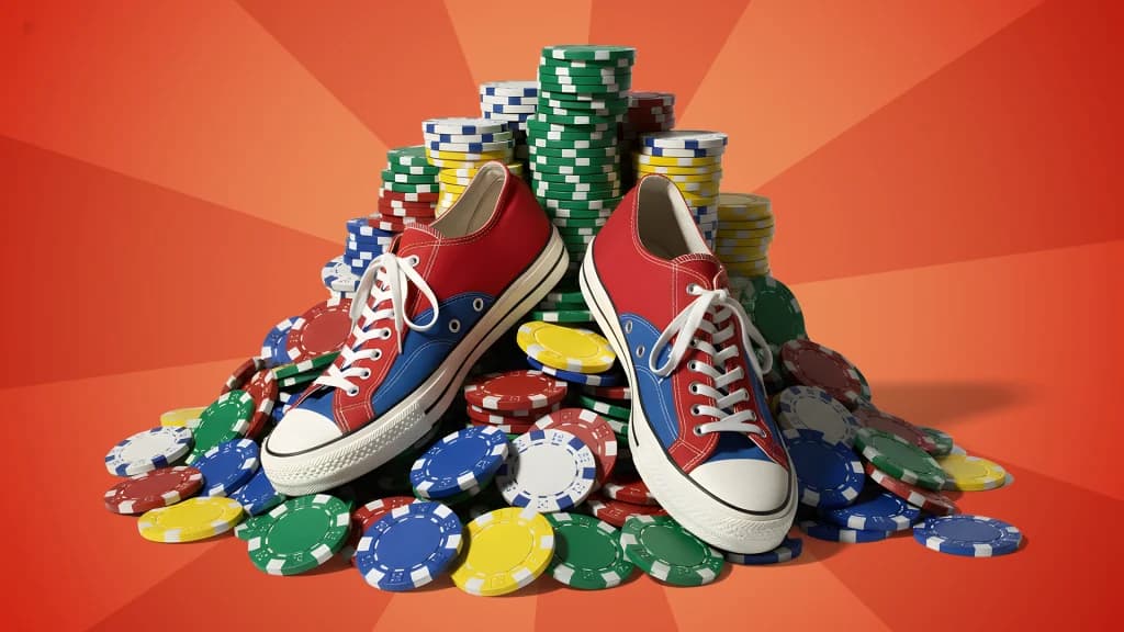 Two red Converse shoes sit atop a pile of colored betting chips on a red-orange background. 