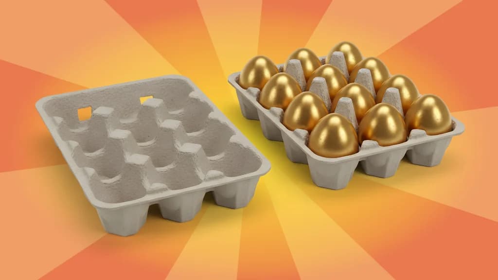12 eggs are shown in an egg carton on a peach and orange background, representing dozens bets in roulette.