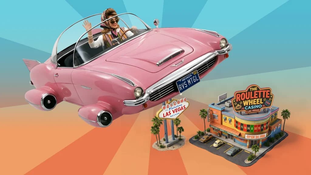On an orange and blue background, a pink convertible flies over a Las Vegas sign and a casino called “The Roulette Wheel Casino.”