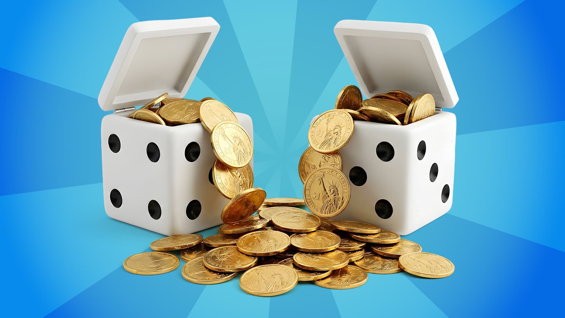 Gold coins spill out of two white dice on a blue background, representing the odds and payouts of crapless craps.