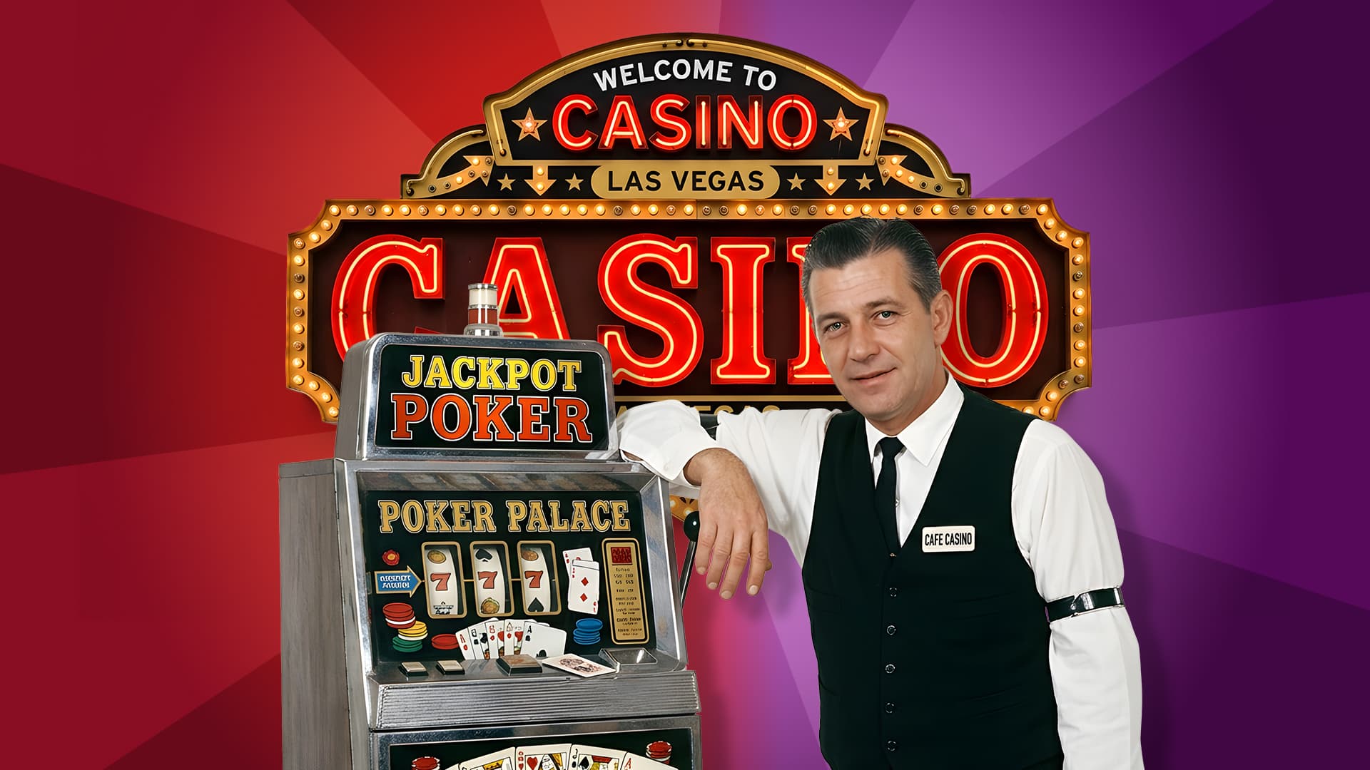 On a split red and purple background, a man leans with his elbow on an old-school machine that’s a mix of a slot and a video poker game. Behind him, a neon sign says, “Welcome to Casino Las Vegas.”