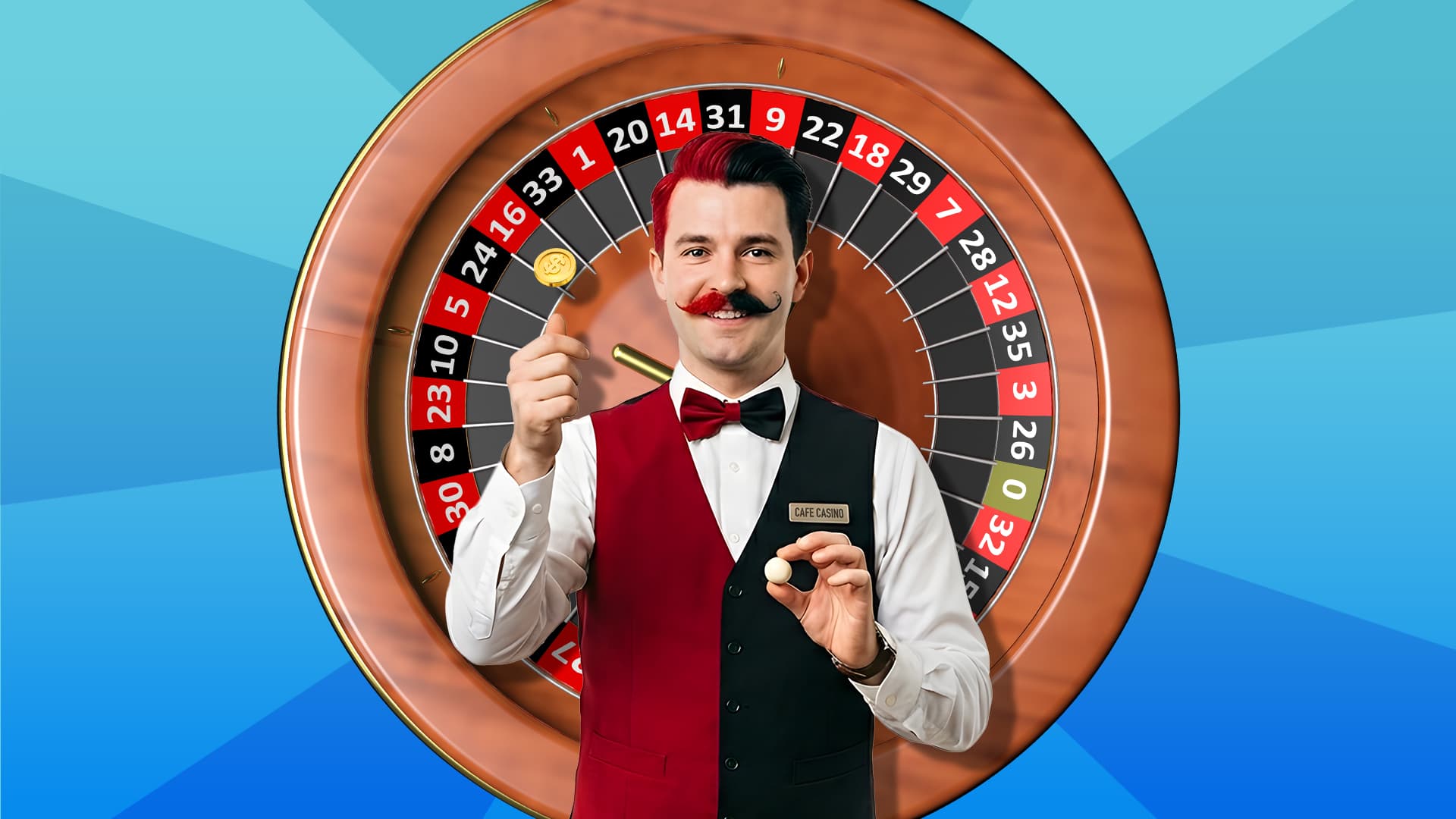 A man in a vest is divided by two colors: red on the left and black on the right. He stands in front of a European roulette wheel, demonstrating the differences between red and black bets.