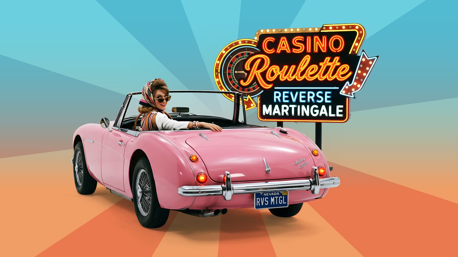 A lady with a head scarf and sunglasses drives a flashy pink convertible from the 60s. Behind her, a neon sign says “Casino Roulette: Reverse Martingale.”