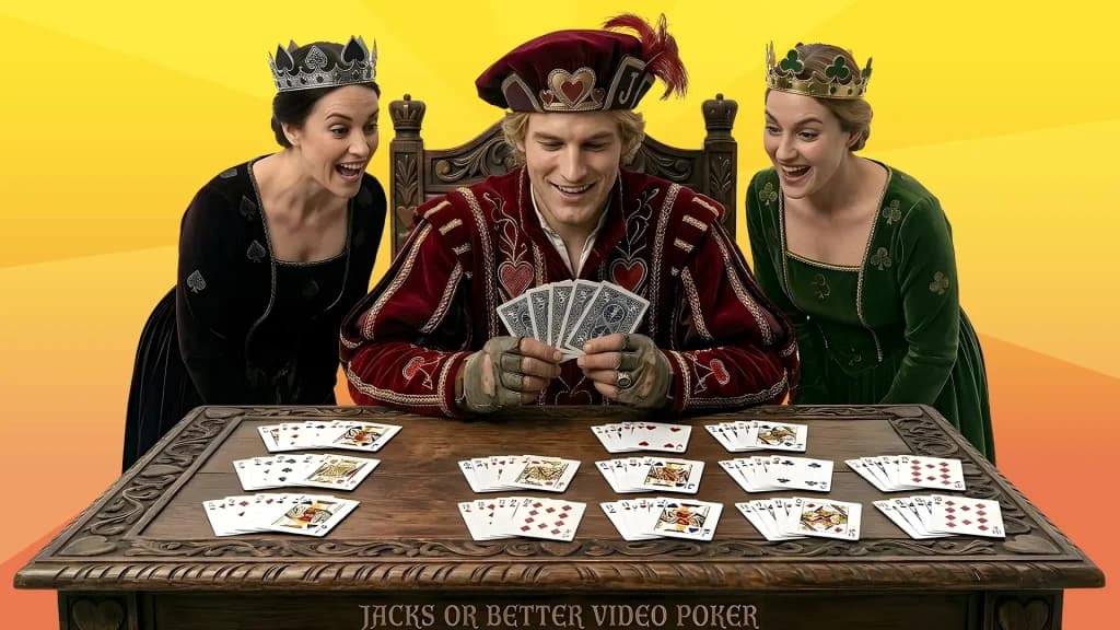 Two Queens watch intently as Jack holds five cards while playing multi-hand Jacks or Better. 
