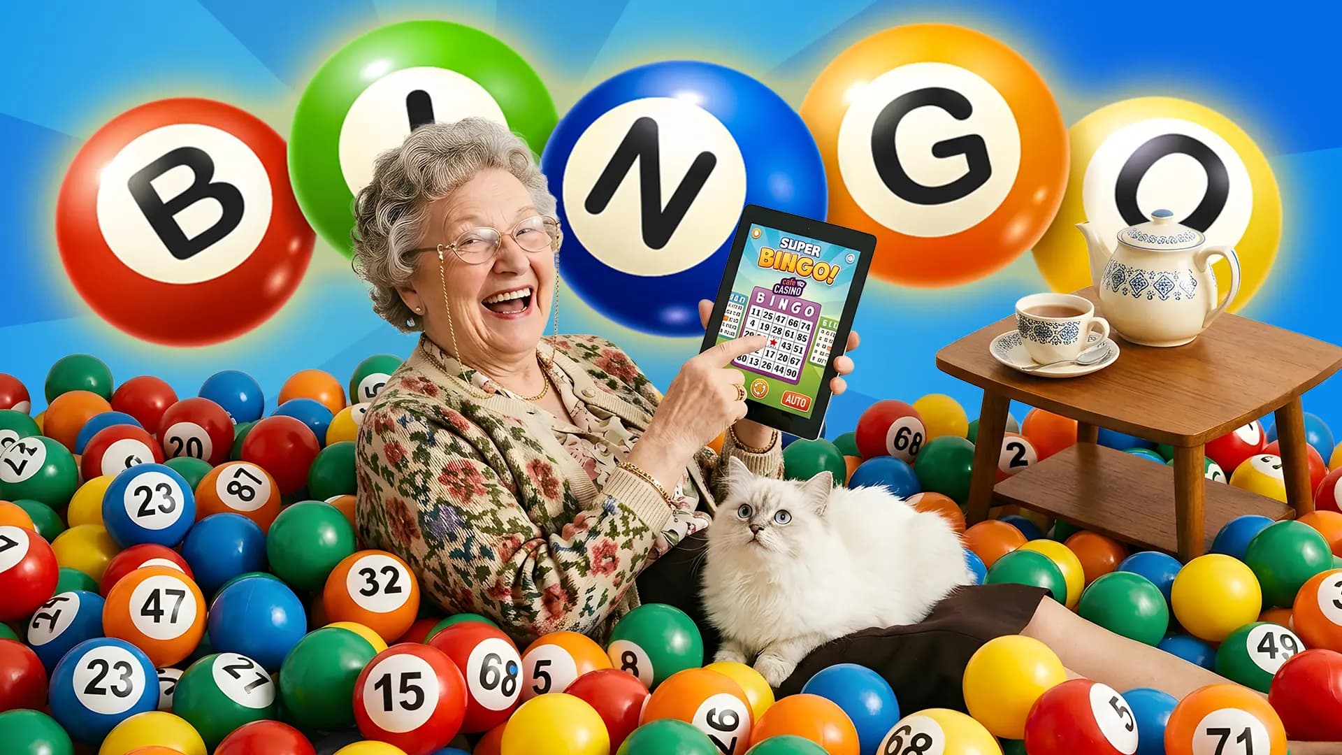An older lady rests within a mountain of colorful bingo balls, her white cat resting on her lap, and a wooden tea table to the side. She points to a tablet screen, showing an online bingo game in action, demonstrating one of the best bingo sites at Cafe Casino.
