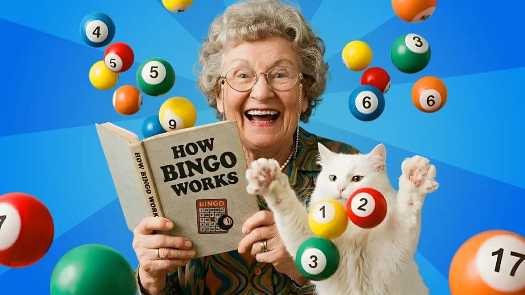 Bingo balls fly around an older lady and her white cat, as the lady reads a book called “How Bingo Works.”
