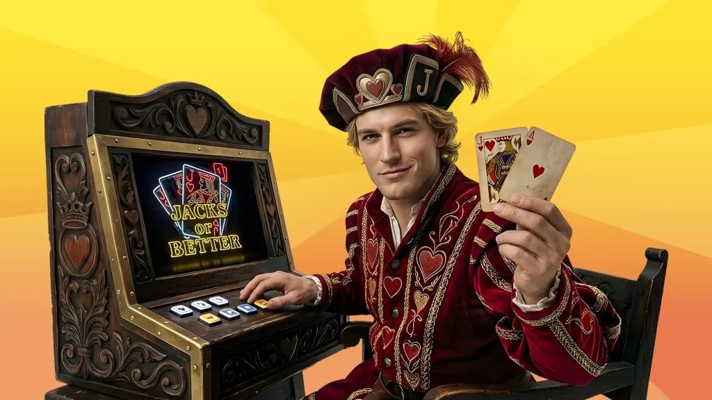 On a yellow and orange background, a man dressed as a playing card Jack holds a weathered Q and A of hearts, while playing Jacks or Better on a video poker machine.
