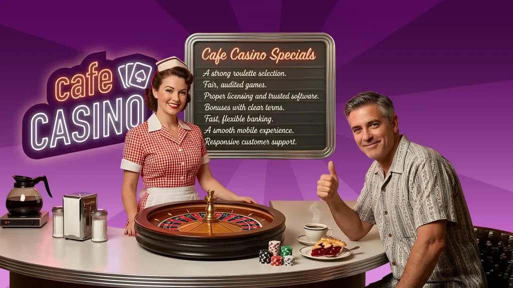 George Clooney flashes a thumbs-up at the Cafe Casino diner, with a roulette wheel served as the main course. Behind him and the waitress is a menu showing what to look for when choosing the best online roulette site.