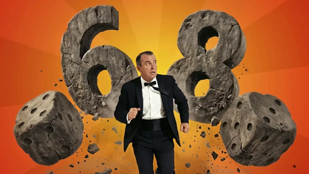 A giant, stone 6 and 8 plus two giant stone dice chase a man running in a black tux, representing the Big 6 and Big 8 craps bets. 