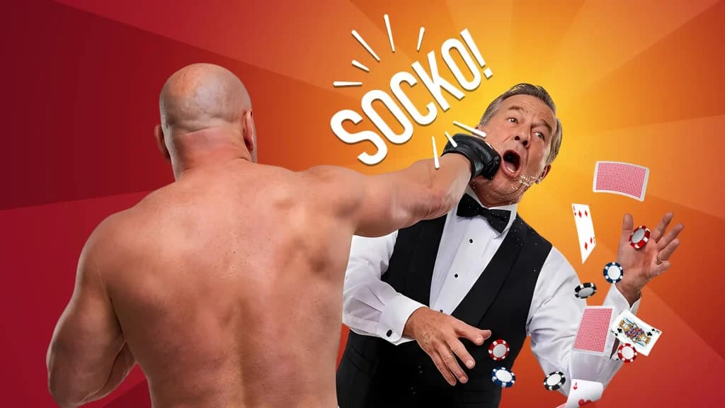 A bald boxer knocks out a blackjack dealer, with an old-school comic book sound effect saying, “SOCKO!” Card and chips go flying.