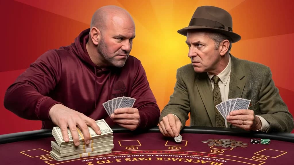With a stack of winnings in his right hand, Dana White stares down a fellow blackjack player, both holding their respective hands. 