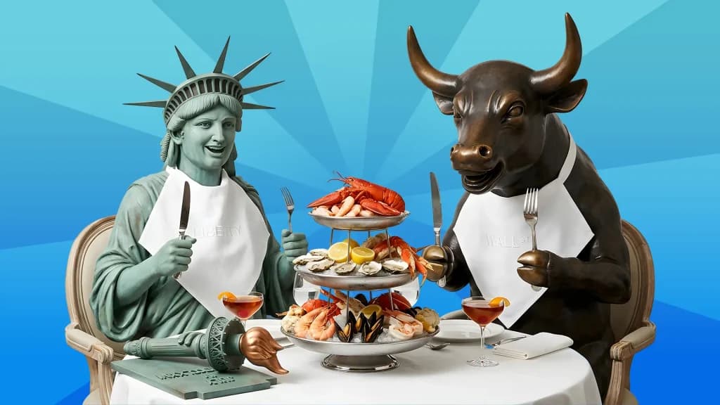 The Bull of Wall Street dines alongside the Statue of Liberty, with a fancy seafood platter piled high at a white-table-clothed table. 