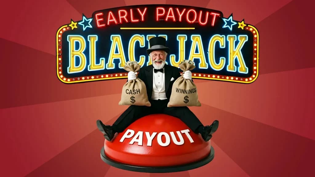 An older gentleman in a black tux holds two sacks full of cash winnings. He sits on a big red “PAYOUT” button, with a neon sign behind him that says, “Early Payout Blackjack.”