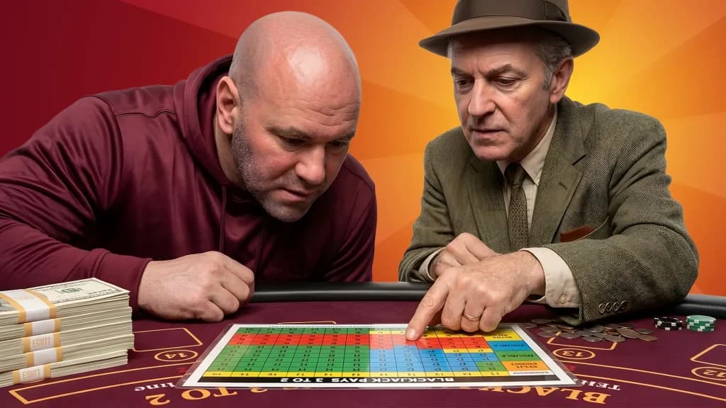 A man in a fedora points to a blackjack chart, showing Dana White which moves to make at the table.  
