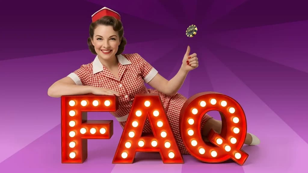 “FAQ” is spelled out in red billboard lights, while a diner waitress flips a black coin while leaning on the ‘F’. 
