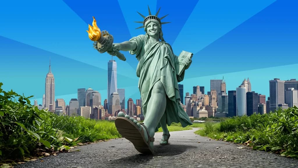 Leading with the famous torch, the Statue of Liberty struts through the streets of New York City, showing us how to use the 212 blackjack system step-by-step.  