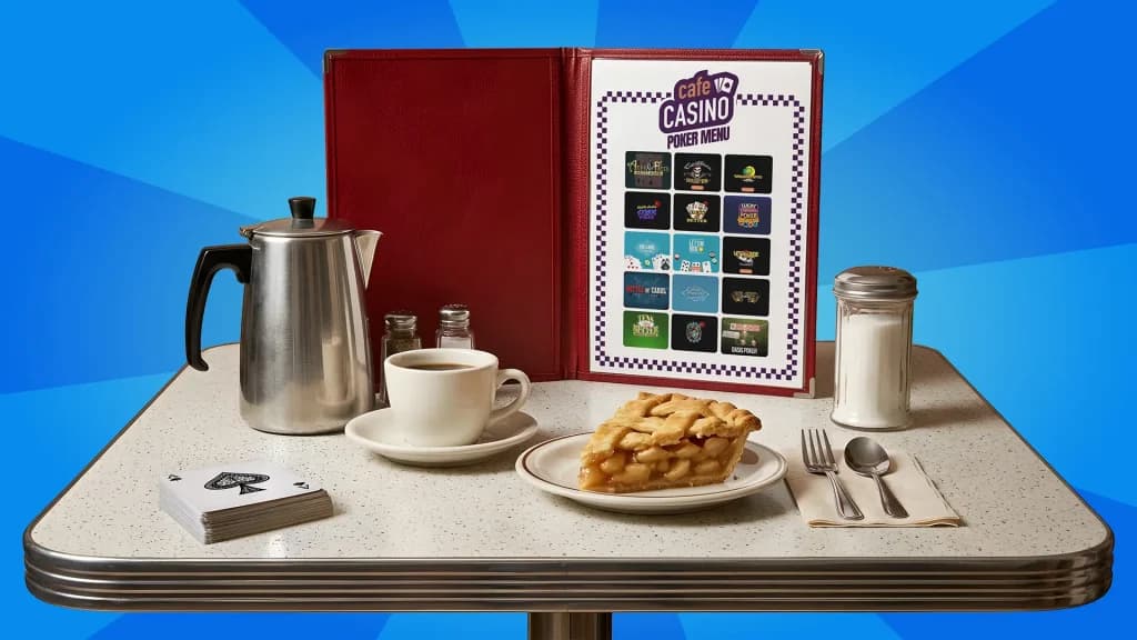 The Cafe Casino menu of video poker is open on a classic diner table. On the table are a coffee pot, a coffee cup, an apple pie, and a deck of playing cards. 