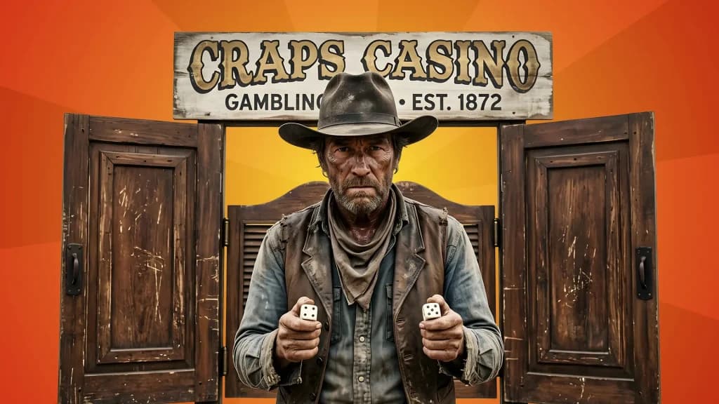 “Craps Casino” is written on a wooden board above two dilapidated wooden saloon doors. A cowboy who’s seen some hard times holds two white dice in either hand. 