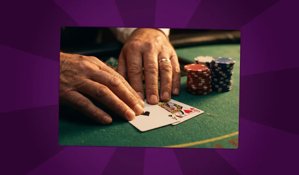 Close-up of a player's hands resting on a blackjack table next to stacks of casino chips