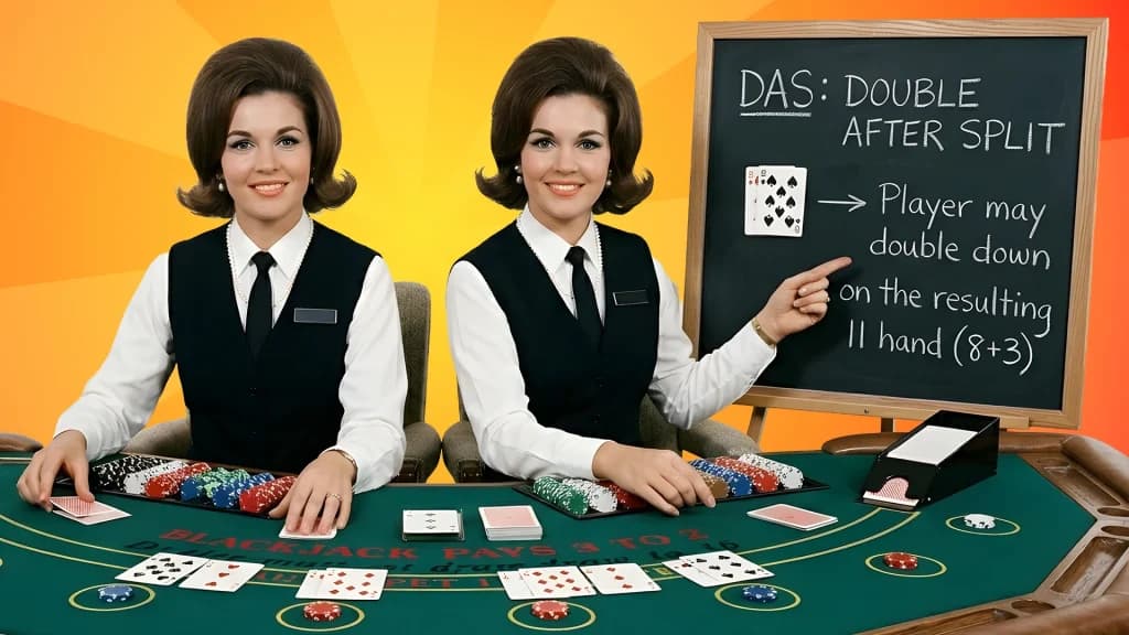 On a yellow background, twin dealers sit at a green-felt blackjack table. One points to a blackboard showing when a player should double down on a DAS table, and the other prepares to deal the cards. 