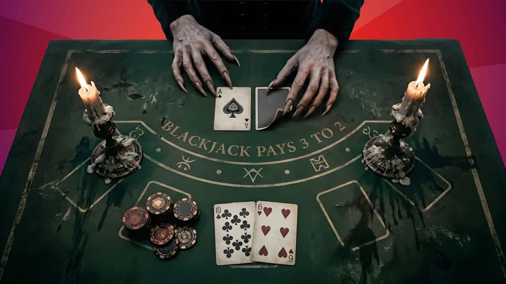 The blackjack player shows a 10 and 6, while a set of skeletal hands from the dealer shows an Ace, showing a classic blackjack surrender situation.  