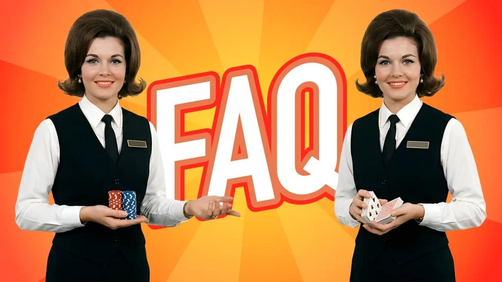 “FAQ” is shown in the center of a yellow/orange image, with identical ladies on either side, holding stacks of chips and a deck of cards. 