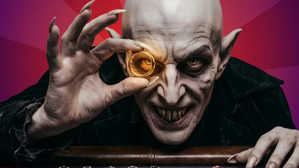 On an eerie red-purple background, a scary, bald monster peers through a glowing gold ring with a smirk on his face. 