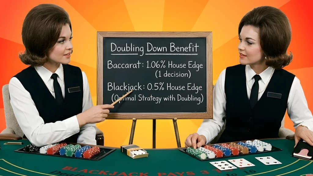 Two identical blackjack dealers sitting at a blackjack table look at a blackboard showing the house edges of baccarat and blackjack. 